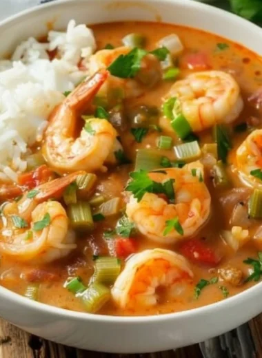 A bowl of delicious Cajun Shrimp Etouffee served with rice and garnished with parsley