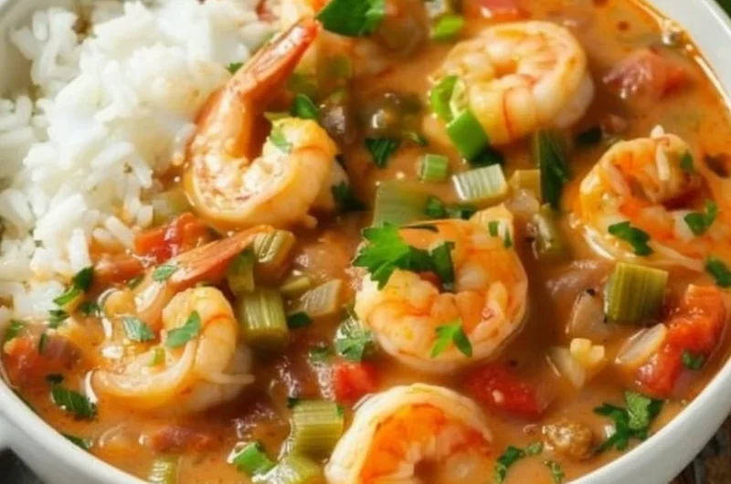 A bowl of delicious Cajun Shrimp Etouffee served with rice and garnished with parsley