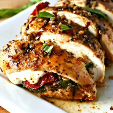 Delicious Caprese Stuffed Chicken with fresh basil, mozzarella, and balsamic glaze