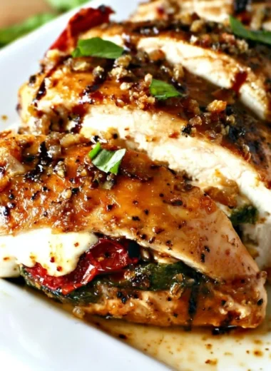Delicious Caprese Stuffed Chicken with fresh basil, mozzarella, and balsamic glaze