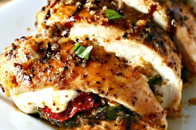 Delicious Caprese Stuffed Chicken with fresh basil, mozzarella, and balsamic glaze