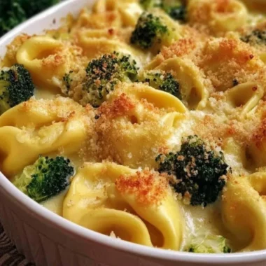 Cheesy Broccoli Tortellini Bake topped with melted cheese and broccoli florets