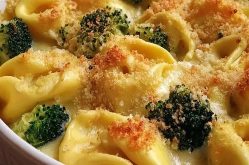 Cheesy Broccoli Tortellini Bake topped with melted cheese and broccoli florets