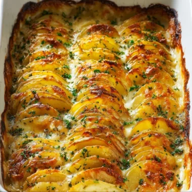 Cheesy easy scalloped potatoes baked to perfection, garnished with herbs.