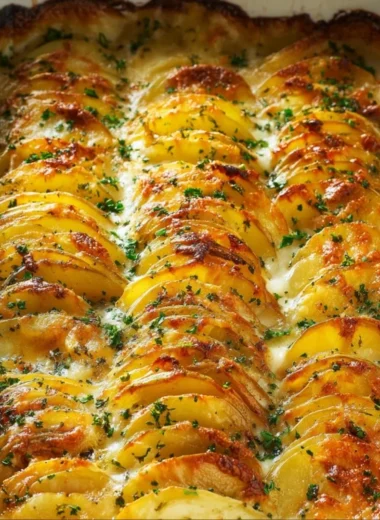 Cheesy easy scalloped potatoes baked to perfection, garnished with herbs.