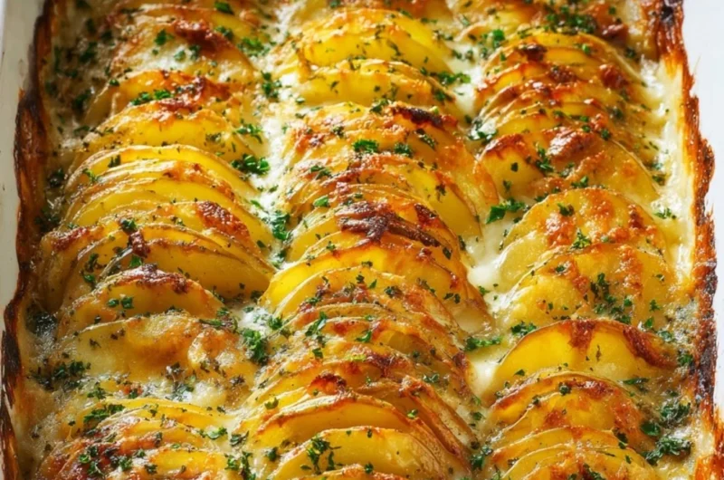 Cheesy easy scalloped potatoes baked to perfection, garnished with herbs.