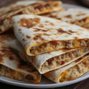 Cheesy ground chicken quesadillas served on a plate with salsa