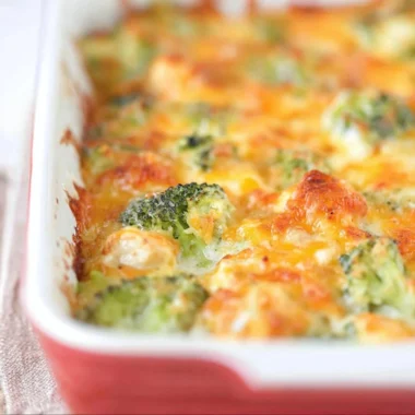 Delicious chicken broccoli bake dish with melted cheese and fresh ingredients