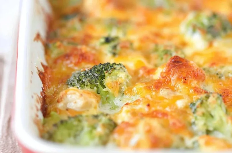 Delicious chicken broccoli bake dish with melted cheese and fresh ingredients