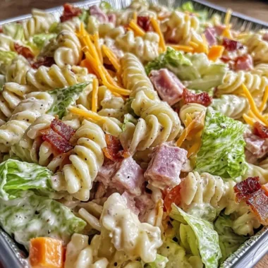 Colorful bowl of Club Sandwich Pasta Salad with creamy dressing and fresh ingredients