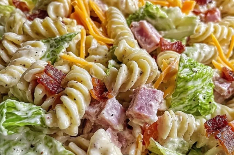 Colorful bowl of Club Sandwich Pasta Salad with creamy dressing and fresh ingredients