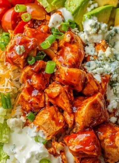 Delicious Buffalo Chicken Bowls filled with spicy chicken, vegetables, and creamy sauce.
