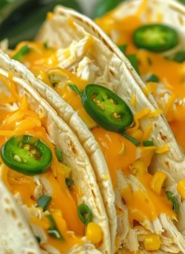 Delicious creamy chicken tacos topped with fresh ingredients