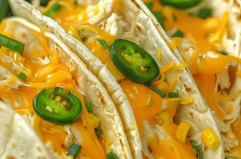Delicious creamy chicken tacos topped with fresh ingredients