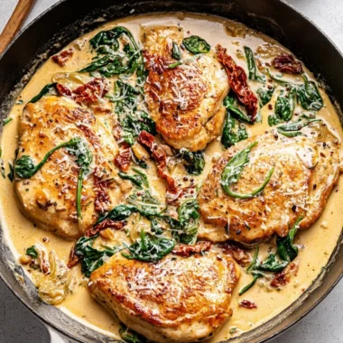 Creamy Tuscan chicken dish garnished with herbs and served with vegetables.