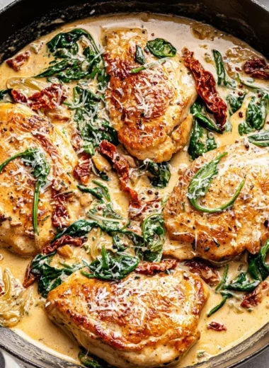 Creamy Tuscan chicken dish garnished with herbs and served with vegetables.