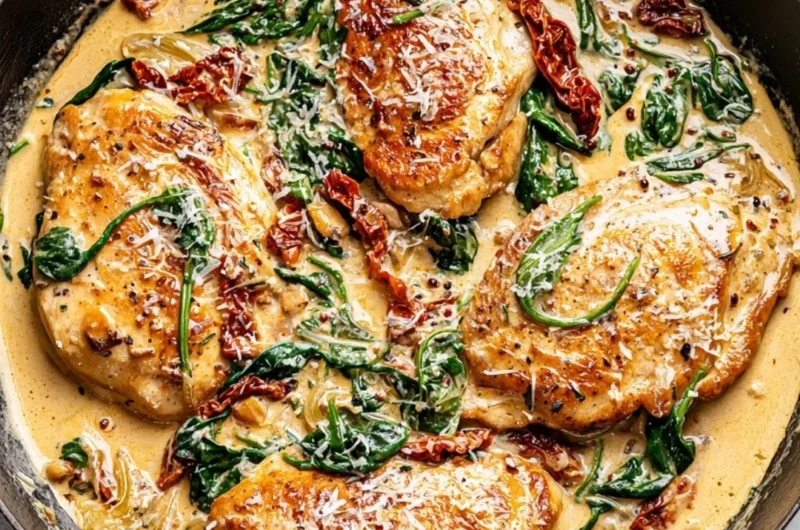 Creamy Tuscan chicken dish garnished with herbs and served with vegetables.