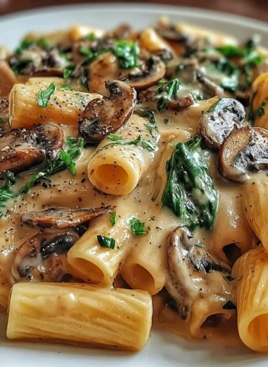 Creamy Tuscan mushroom pasta skillet with herbs and cheese