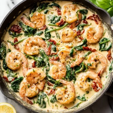 Creamy Tuscan shrimp with garlic and sun-dried tomatoes served in a rich sauce.