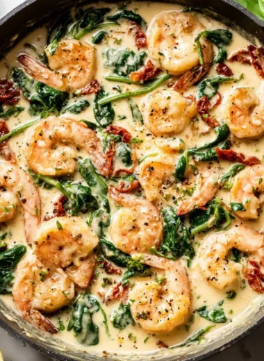 Creamy Tuscan shrimp with garlic and sun-dried tomatoes served in a rich sauce.