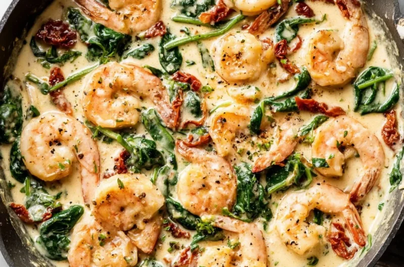 Creamy Tuscan shrimp with garlic and sun-dried tomatoes served in a rich sauce.