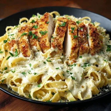 Crispy Chicken Fettuccine Alfredo with golden chicken on creamy pasta
