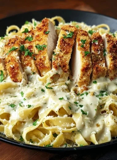 Crispy Chicken Fettuccine Alfredo with golden chicken on creamy pasta