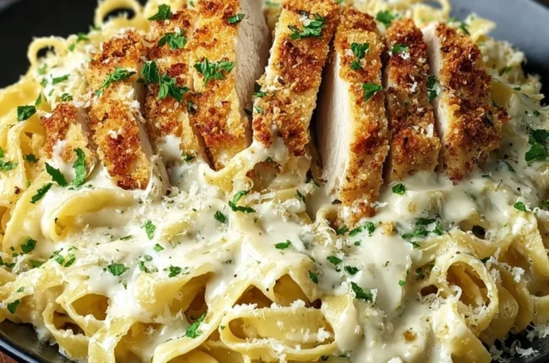 Crispy Chicken Fettuccine Alfredo with golden chicken on creamy pasta