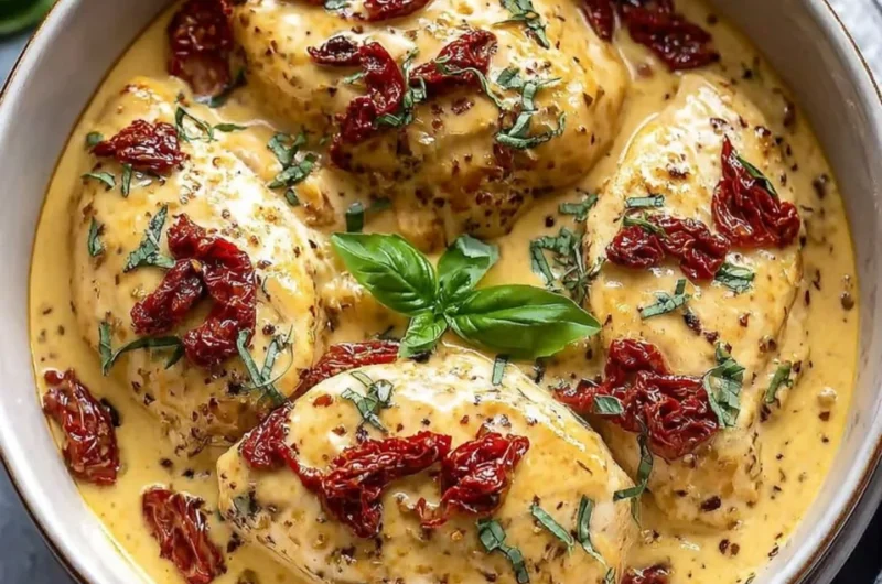 Delicious Crockpot Marry Me Chicken served on a plate with herbs and toppings.