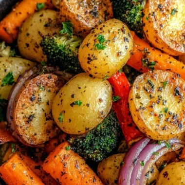 Delicious garlic herb roasted potatoes and vegetables ready to serve.