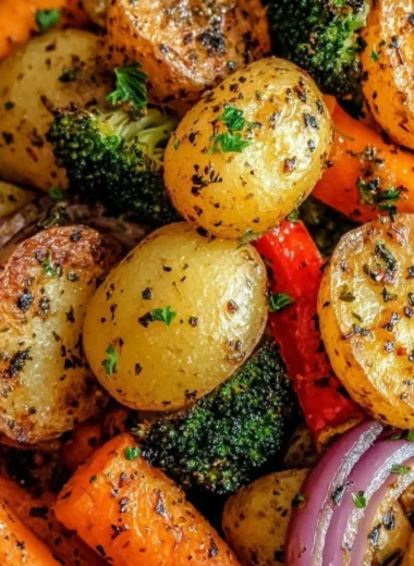 Delicious garlic herb roasted potatoes and vegetables ready to serve.