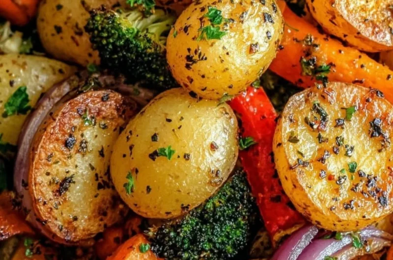 Delicious garlic herb roasted potatoes and vegetables ready to serve.