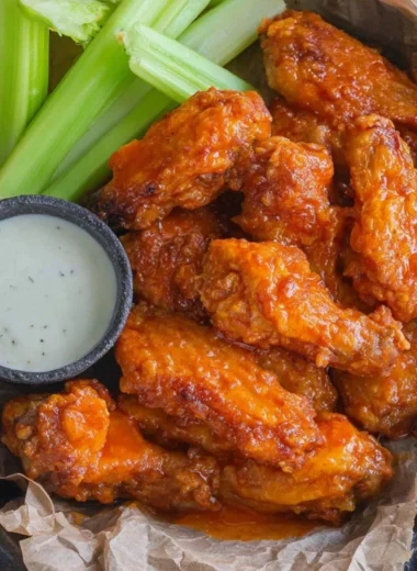 Plate of homemade buffalo wings garnished with celery and dipping sauce