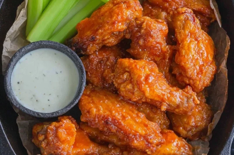 Plate of homemade buffalo wings garnished with celery and dipping sauce