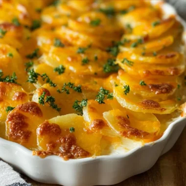 Delicious homemade scalloped potatoes baked with cheese and cream.