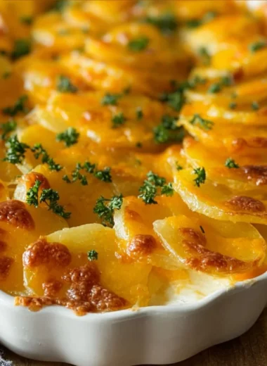 Delicious homemade scalloped potatoes baked with cheese and cream.