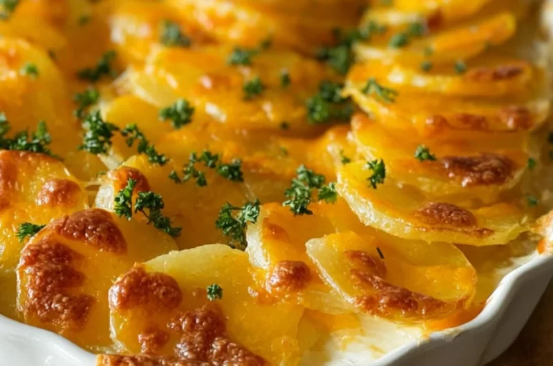Delicious homemade scalloped potatoes baked with cheese and cream.