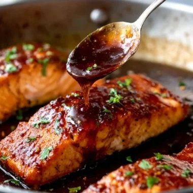 Delicious honey garlic salmon garnished with herbs on a plate