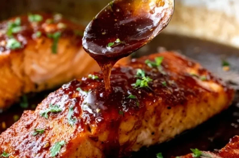 Delicious honey garlic salmon garnished with herbs on a plate