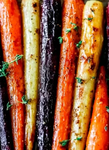 Plate of honey roasted colorful carrots garnished with fresh herbs