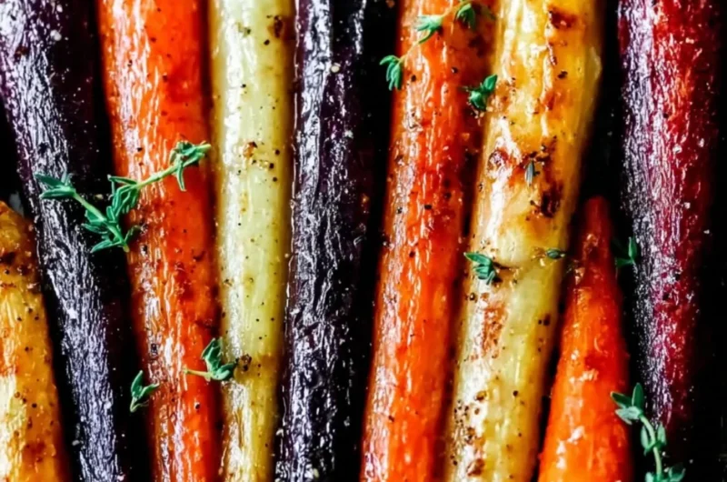Plate of honey roasted colorful carrots garnished with fresh herbs