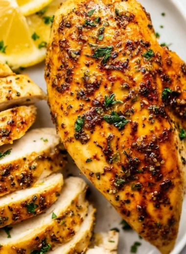 Juicy air fryer chicken breast served with fresh herbs and vegetables