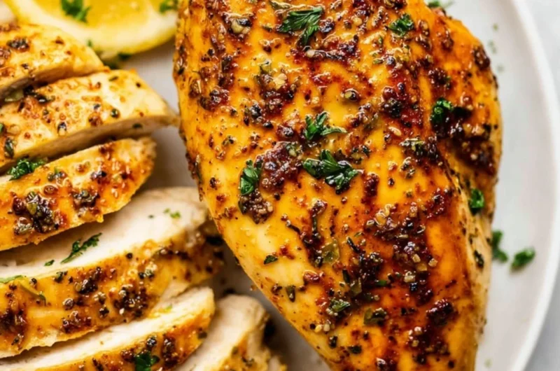 Juicy air fryer chicken breast served with fresh herbs and vegetables