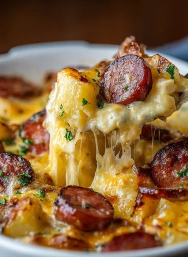 Delicious Kielbasa Casserole with cheesy potatoes and sausage