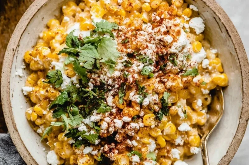 Delicious Mexican street corn casserole topped with cheese and cilantro