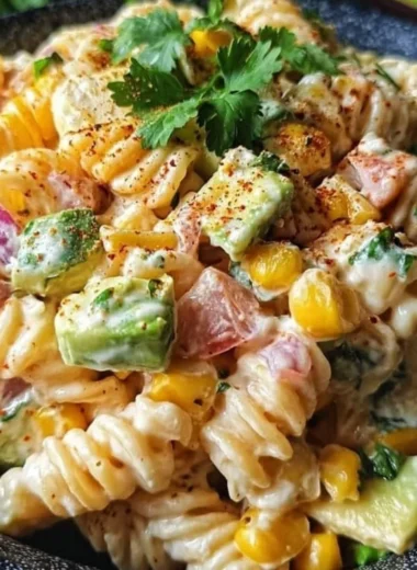 Delicious Mexican street corn salad pasta served in a bowl