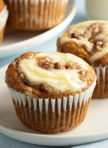 Moist banana cream cheese muffins with a golden brown top