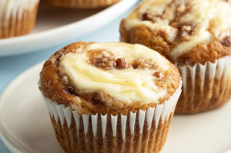 Moist banana cream cheese muffins with a golden brown top