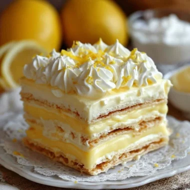 No-bake lemon eclair cake topped with lemon glaze and whipped cream