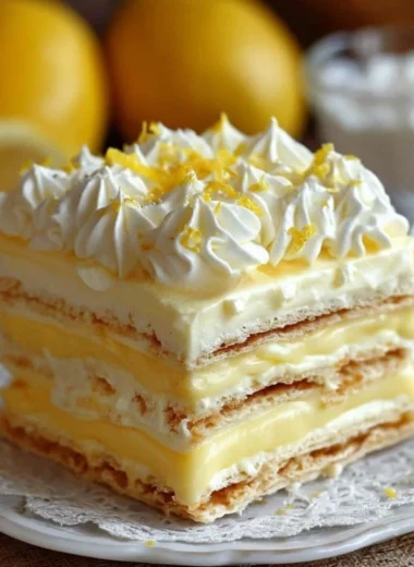 No-bake lemon eclair cake topped with lemon glaze and whipped cream